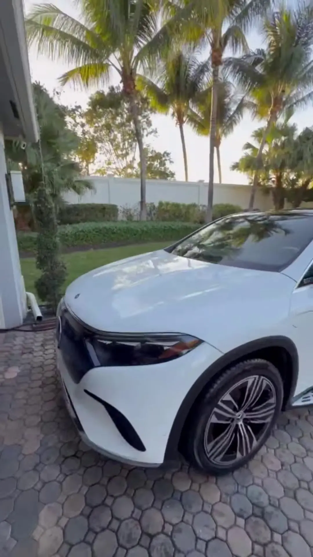 White Mercedes EQ SUV with a glossy finish in a driveway lined with palm trees