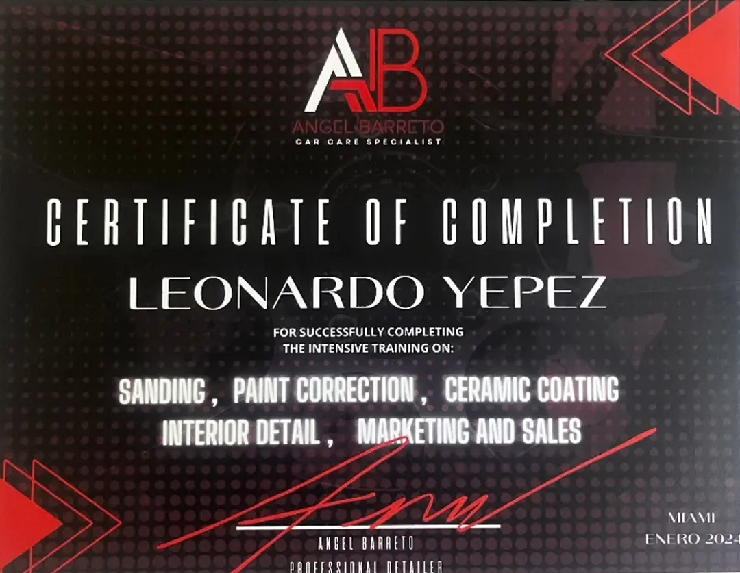 Certificate of Completion from Angel Barreto Car Care Specialist issued to Leonardo Yepez